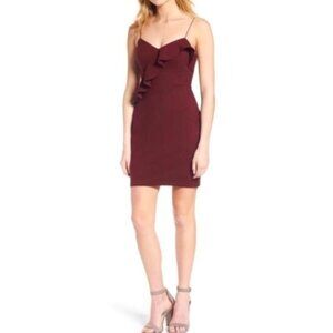 ASTR The Label Asymmetric Ruffle Spaghetti Strap Mini V- Neck Dress Sz LG Wine